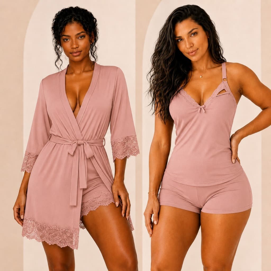 Kit Robe + Baby Doll Amamentação Feminino com Renda Curto