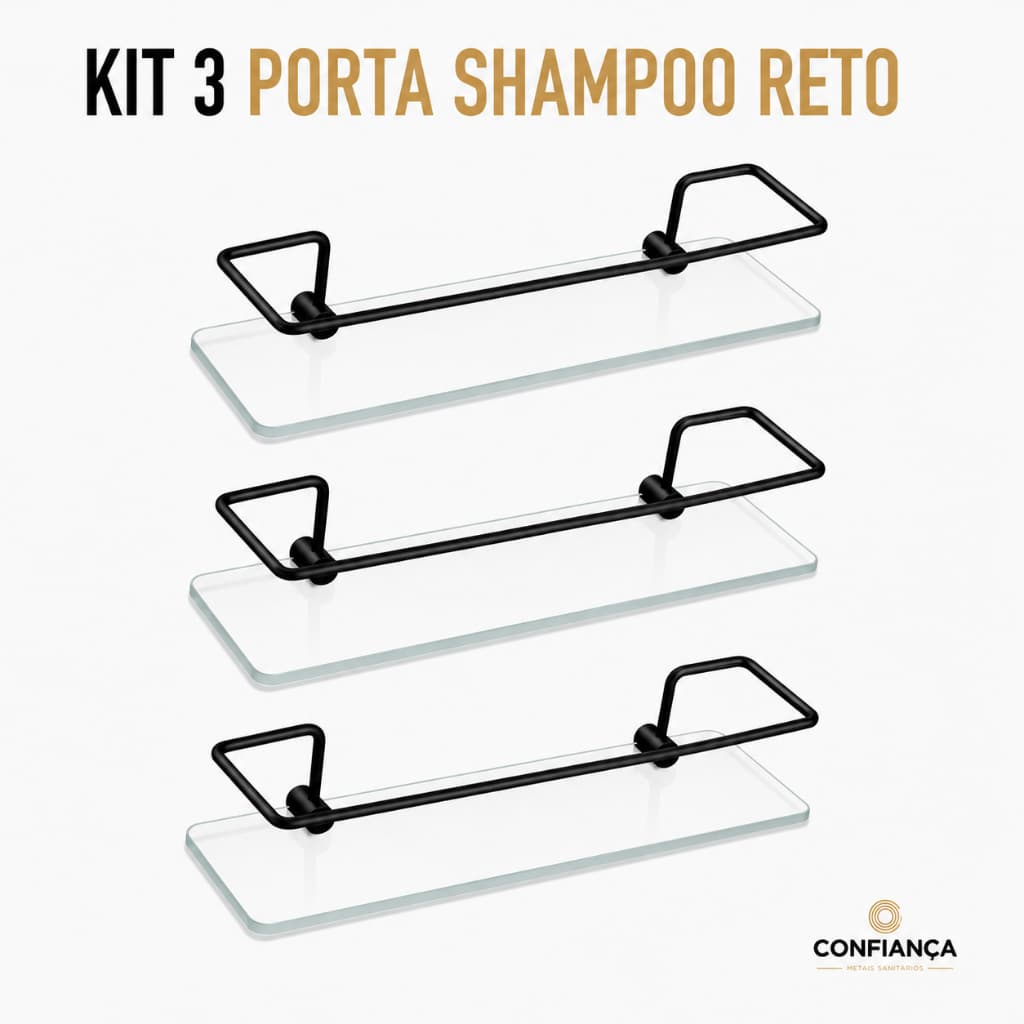 Porta Shampoo Para Banheiro Suporte De Vidro 6mm Incolor Reto Cristal Anti Ferrugem KIT 03 UN