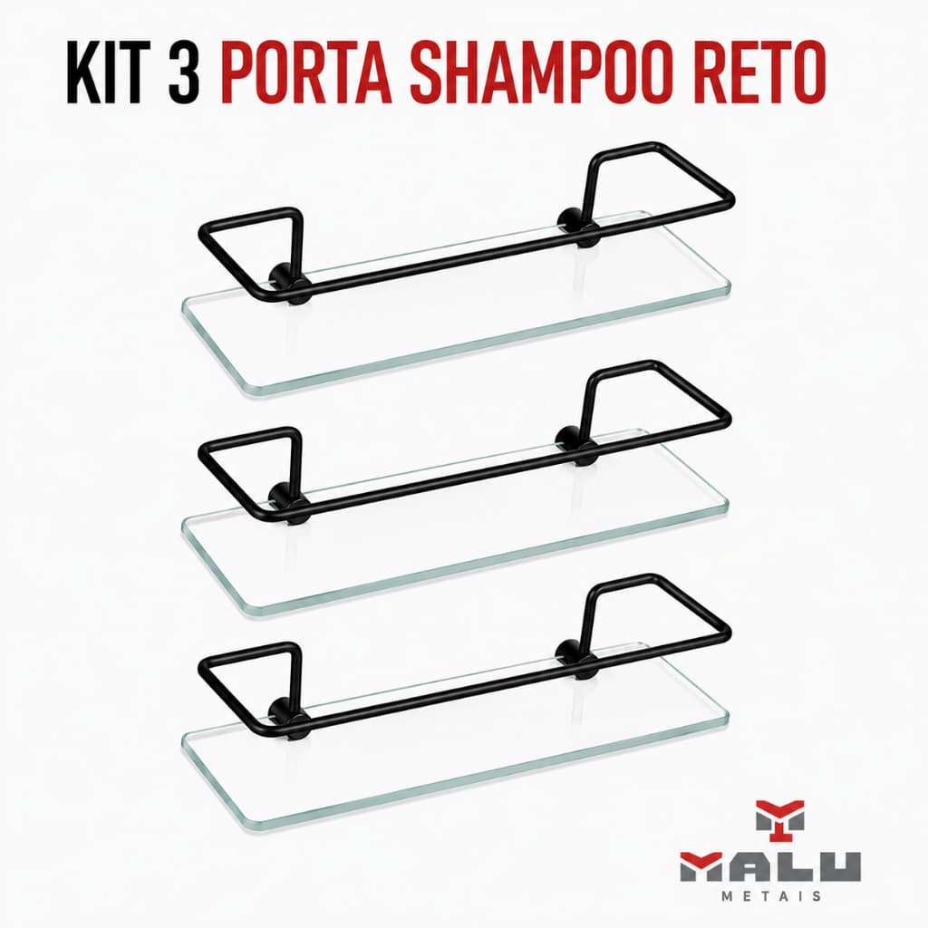 Porta Shampoo Para Banheiro Suporte De Vidro 6mm Incolor Reto Cristal Anti Ferrugem KIT 03 UN