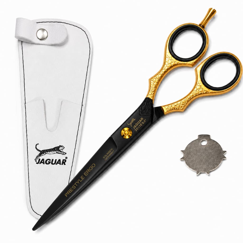Tesoura Profissional Jaguar Preta c Dourado 6”, 6,5” ou 7”  Fio Laser - Navalha Barbeiro e Cabeleireiro Premium