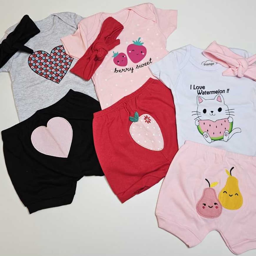 Kit 9 peças bebê menina - 3 bodys c/ 3 shorts e 3 tiaras Malha Algodão Serafina