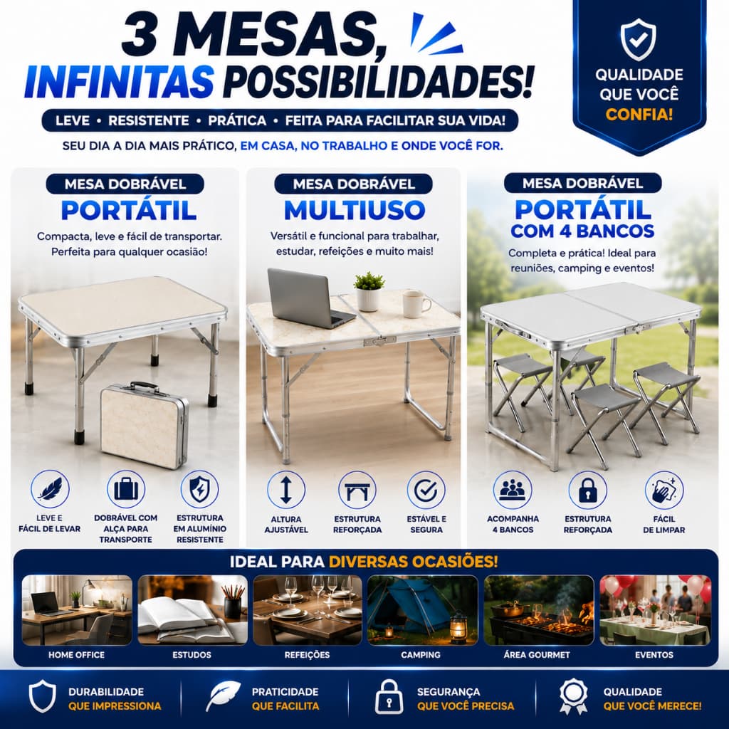 Kit Mesa Dobrável Multiuso + Mesa Ajustável + Mesa com 4 Bancos