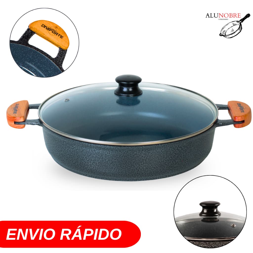 Frigideira Antiaderente 26 Cm Preta Cerâmica Tampa De Vidro Alumínio Fundido