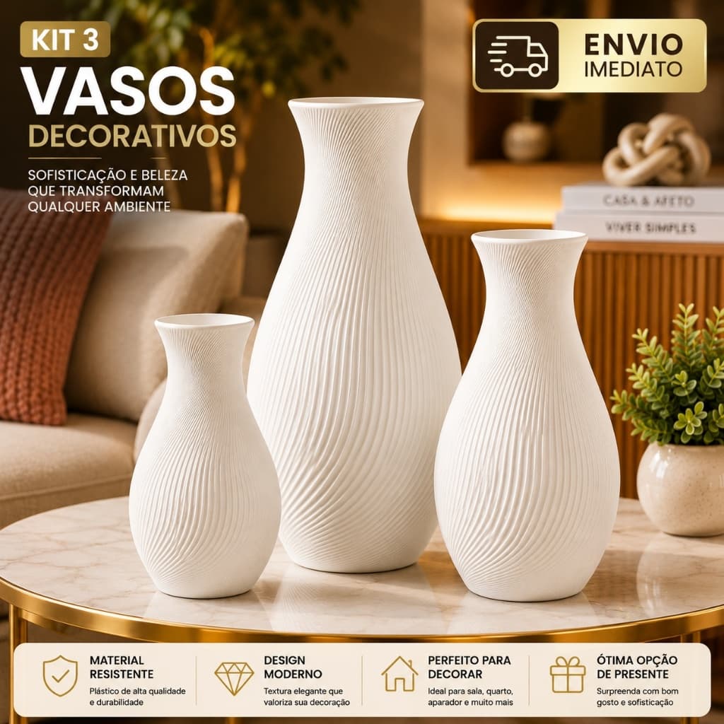 Kit 3 Vasos Decorativos Modernos Plástico Resistente Texturizados Decoração Sala Mesa Aparador Luxo