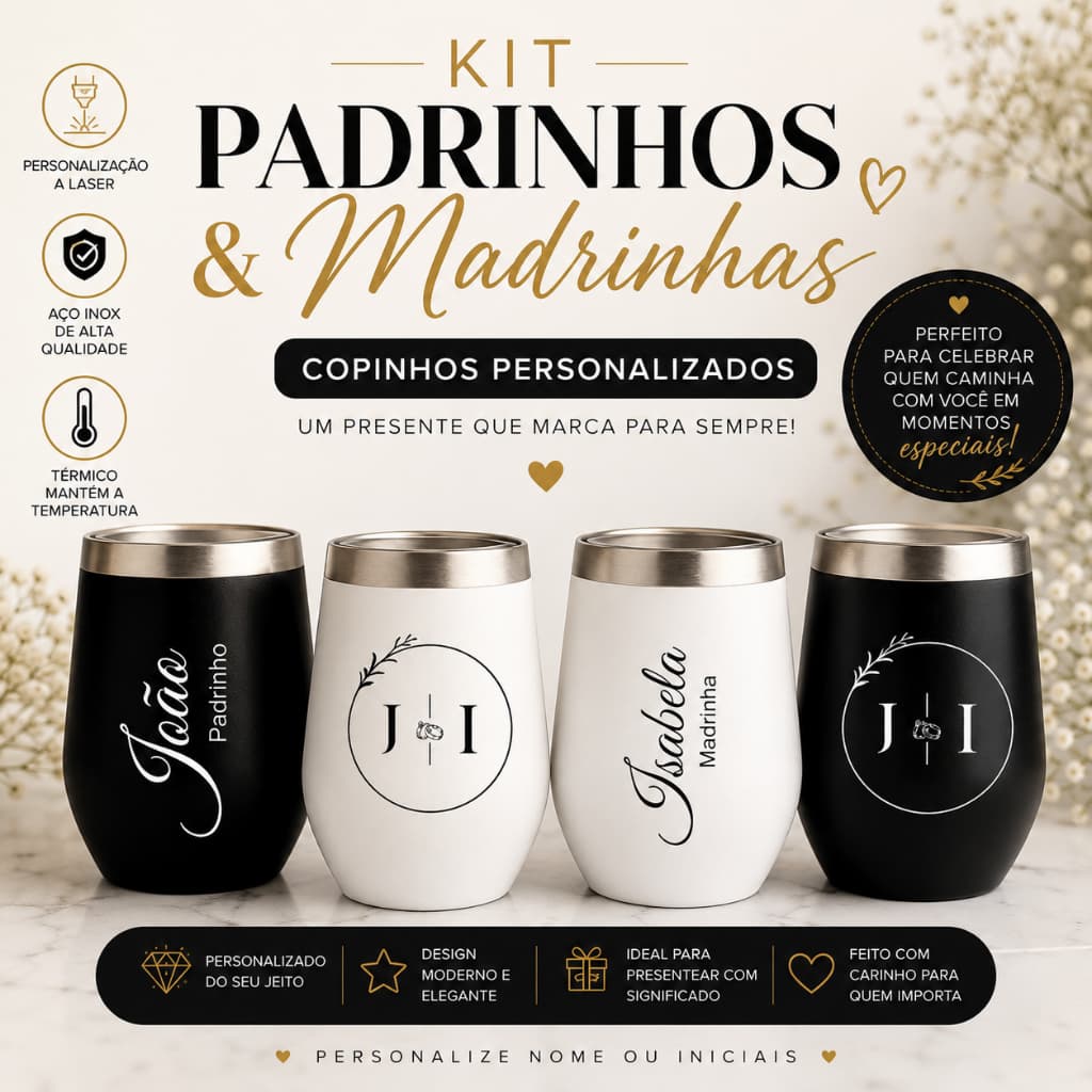 Kit 10/15/20/25/30 Copos Cuia 360ml Personalizados | Padrinhos e Madrinhas | Casamento | Aço Inox | Presente