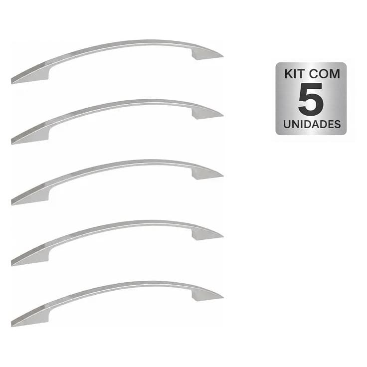 Kit 5 Puxadores Italy Line 2092 Escovado 224mm Alça Curva Moveis Armarios Gavetas Portas