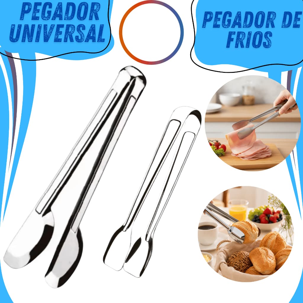 Kit Pegador de Frios + Pegador Universal Aço Inox Multiuso Cozinha Churrasco Restaurante Saladas Comida Japonesa  Buffet