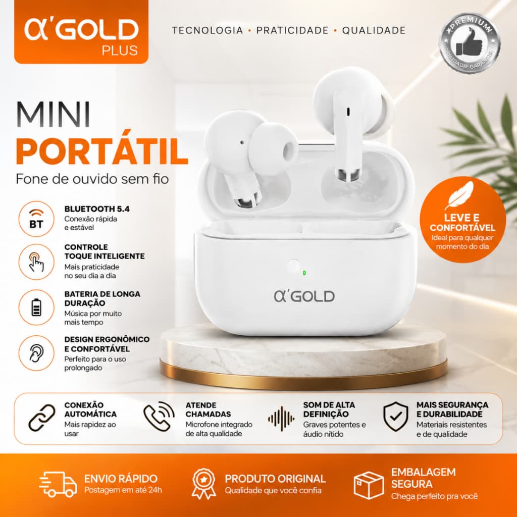 Fone de Ouvido Bluetooth 5.4 Sem Fio TWS Mini Intra Auricular Com Microfone Touch Estojo Carregador USB Tipo-C Som HD