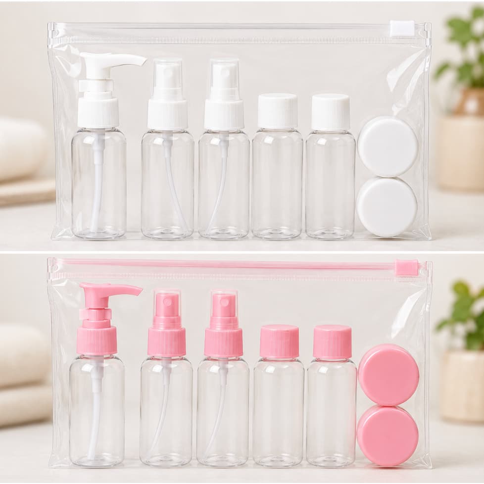 Kit Frascos Viagem 7 Peças 50ml Reutilizáveis Necessaire Porta Cosméticos Rosa/Branco