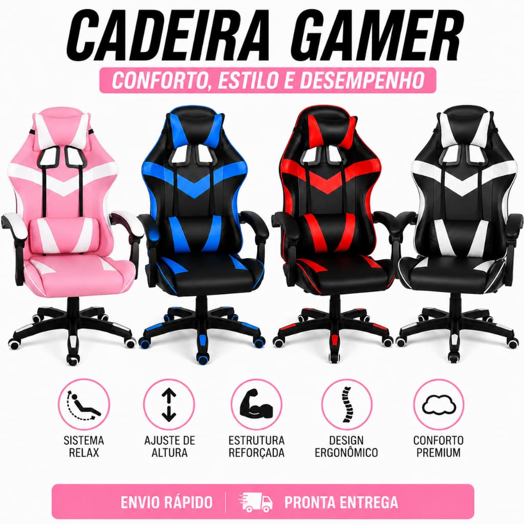 Cadeira Gamer Ergonômica Reclinável com Almofadas e Regulagem de Altura