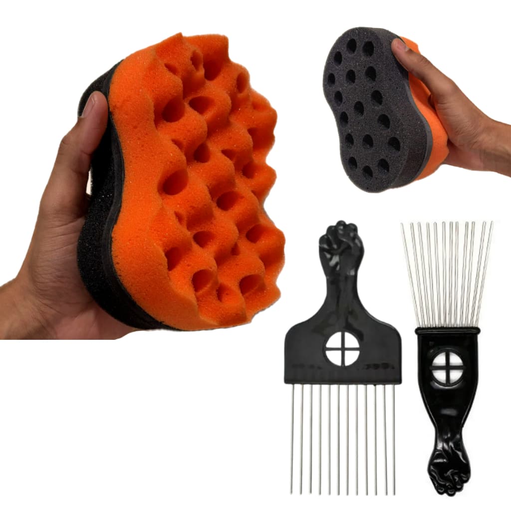 Kit Esponja Nudred 2 Lados Dupla Face 4.0 + 2 Pentes Garfo Afro