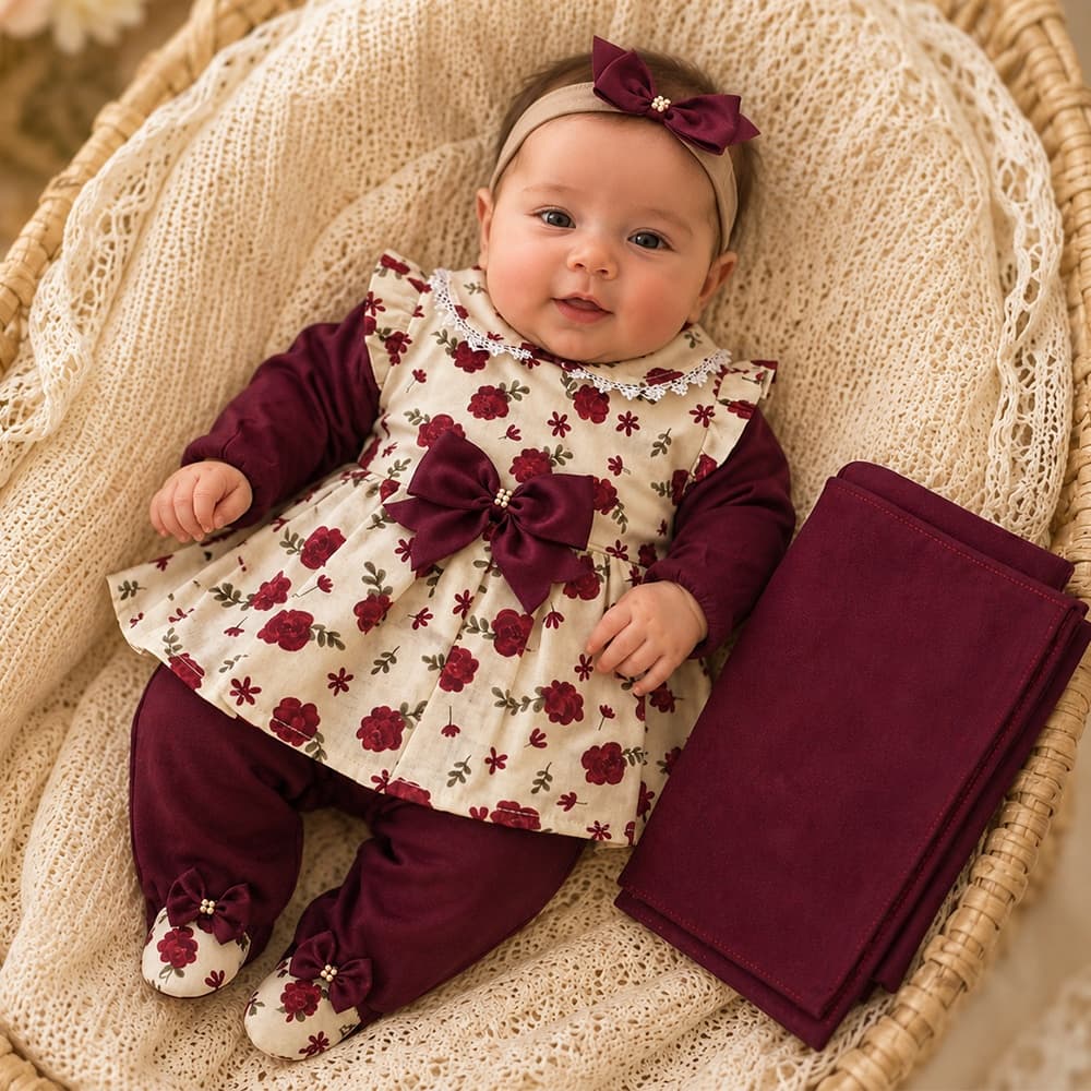 Saída de Maternidade Roupa Para Bebê Menina Isabela Glamour Vinho 05 Peças