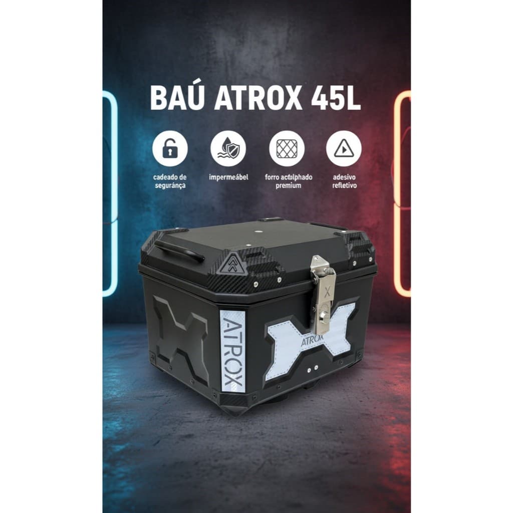 Baú Para Moto ATROX X Bauleto 45L Bau Com Forro Acolchoado + Chave Reserva - Preto Universal