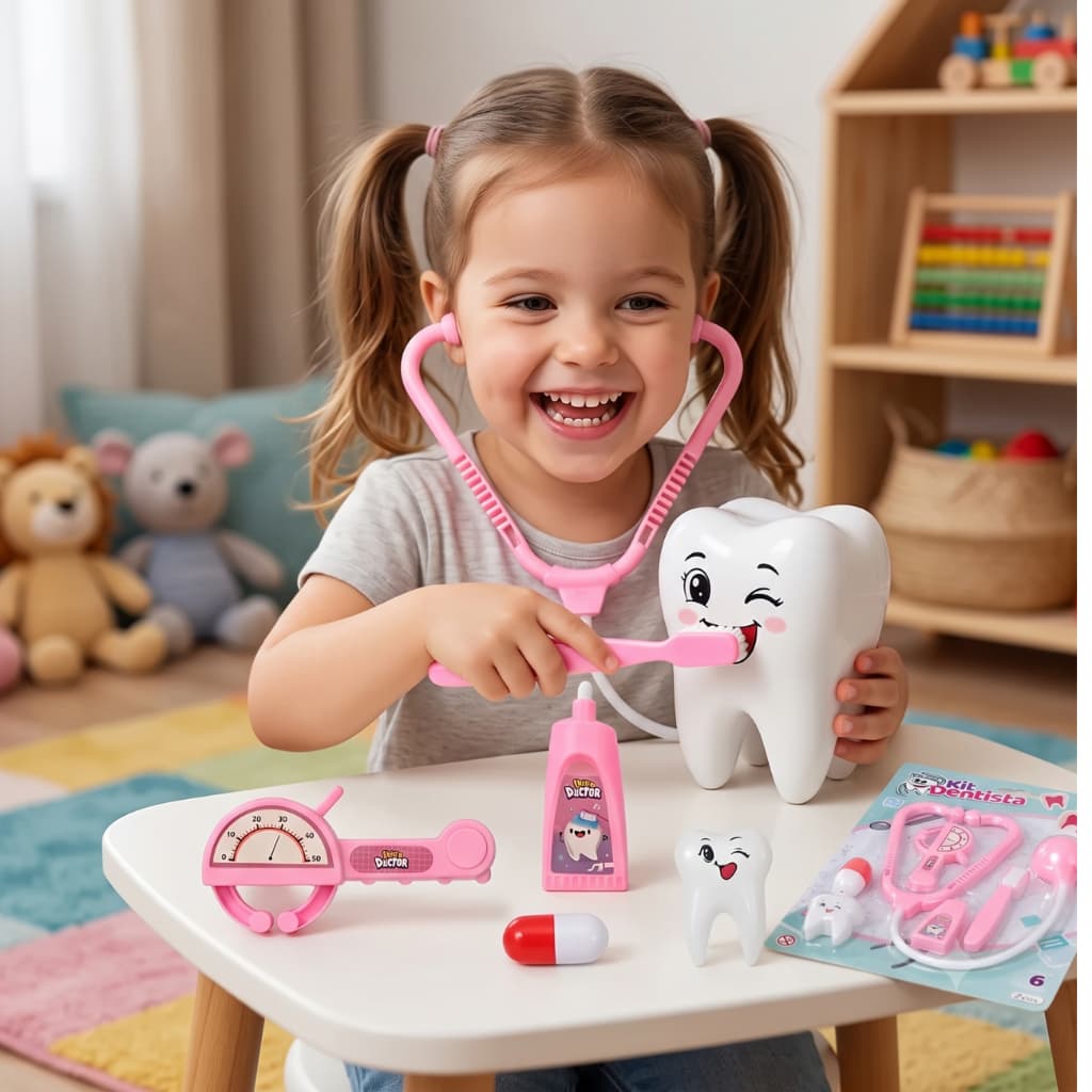 Kit Dentista Infantil Rosa 5 Peças Brinquedo Faz de Conta com Acessórios Presente Menina