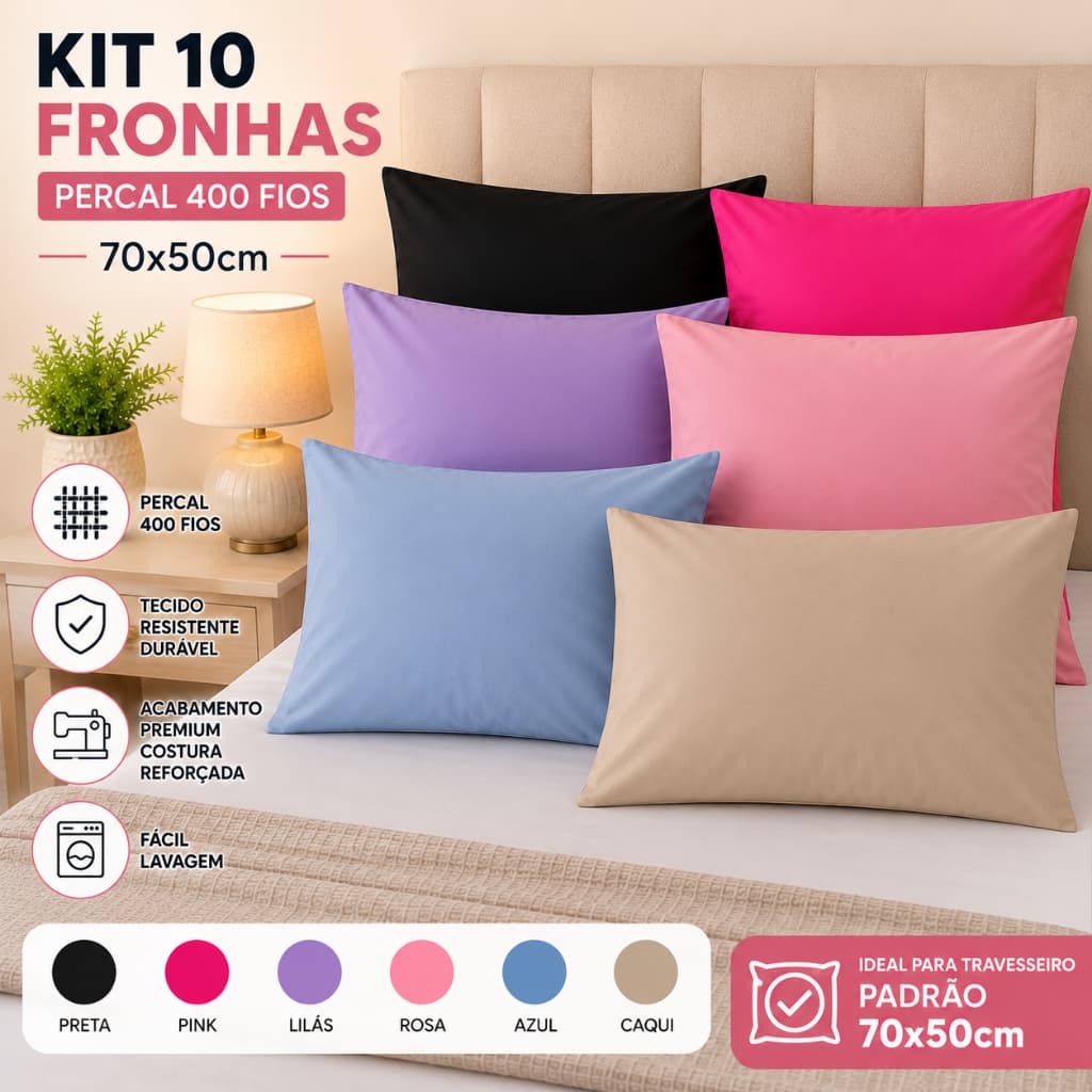 Kit com 10 Fronhas Travesseiro Avulsas Brancas ou Coloridas 70x50 ou 90x50 Percal 400Fios, Promoção