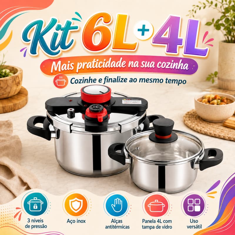 Kit Panela de Pressão 6L + Panela Auxiliar 4L em Aço Inox com Tampa de Vidro 3 Níveis de Pressão