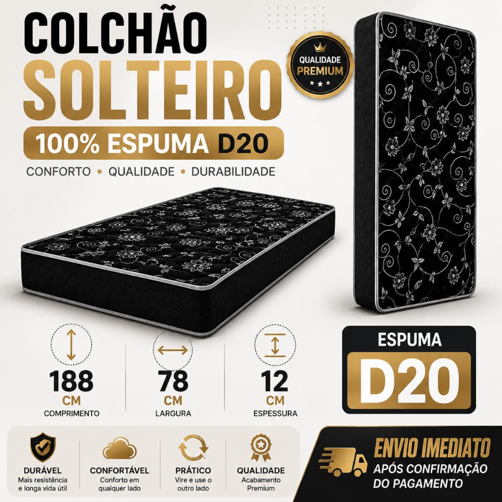 Colchão de Solteiro D20 188x78x12 Selo Inmetro Alta Densidade 100% Espuma Antiácaro e Antialérgico