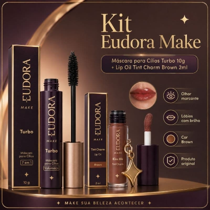Kit Eudora Make Máscara para Cílios Turbo 7 em 1  - 10g + Lip Oil Tint Charm Brown 2ml