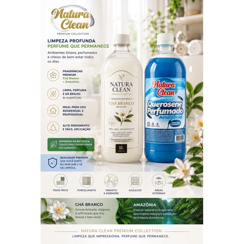 Kit 2 Querosene Perfumado 1L Natura Clean CHÁ BRANCO + AMAZÔNIA Limpa e Perfuma