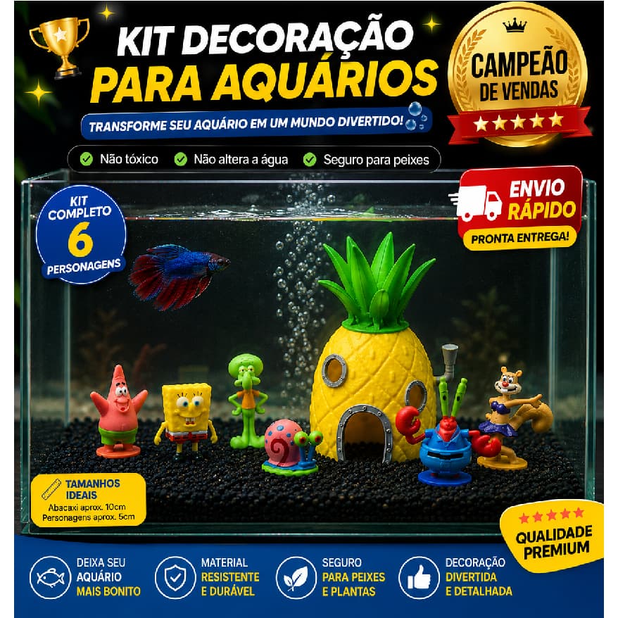 Kit Decoração para Aquário Mini Abacaxi com 6 Personagens Ornamentais  para Betta e Peixes Coloridos