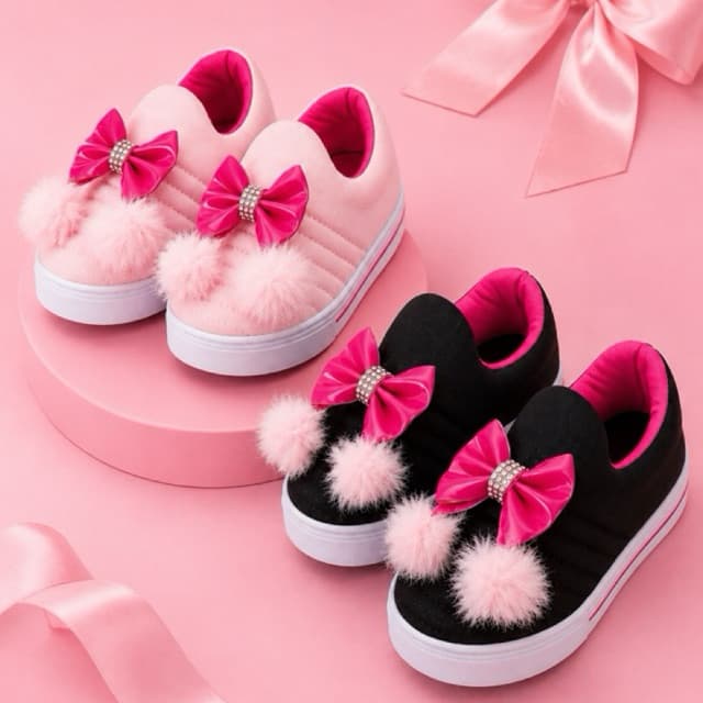 Tênis Infantil Menina Calce Facil Laço Pompom Estilosa Delicada Macia e Leve Feminina Para Todas As Ocasiões