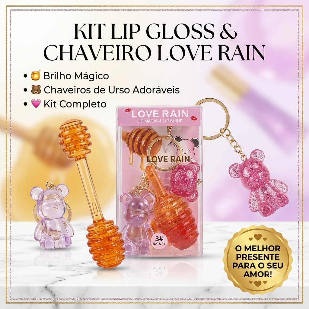 🍯🐻 Kit Lip Gloss Magic & Lip Shine Love Rain pote de mel – Com Chaveiro Ursinho Mágico