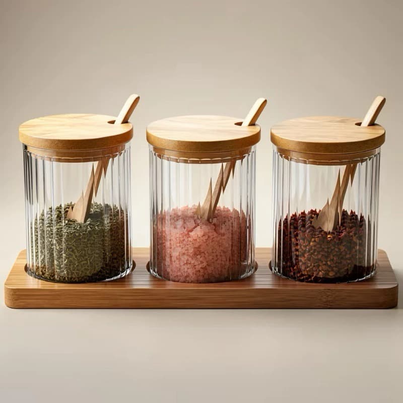 Kit 3 Potes de Vidro 300ml com Tampa Colher e Suporte de Bambu Porta Temperos