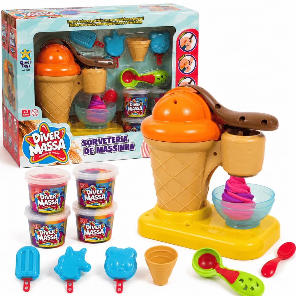Máquina de Sorvete Massinha De Modelar Sorveteria 4 Potes de Massa 3 Moldes Brinquedo Com Acessórios Forminha Cortador