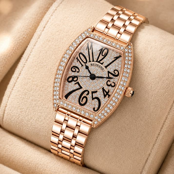 Relógio Feminino 998Retrô Rose Gold Com Cristais À Prova D'Água Aço Inoxidável Vidro Curvo Elegante Luxo Presente Ideal