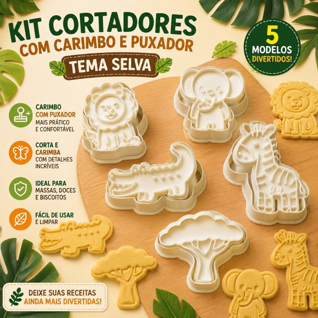 Kit 5 Cortadores Tema Selva com Carimbo e Puxador para Massas, Biscoitos e Pasta Americana