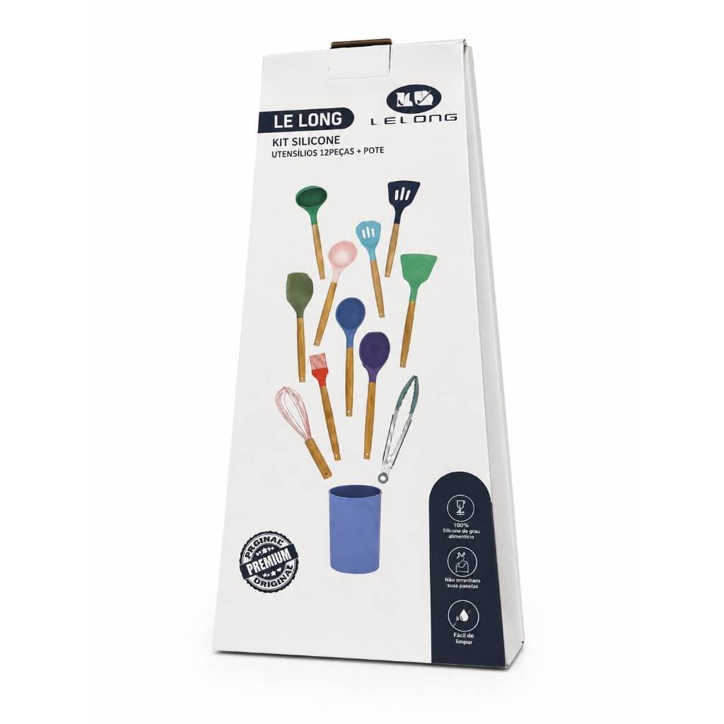Kit Utensílios Cozinha Silicone 12 Peças Cabo Madeira Antiaderente Resistente Premium