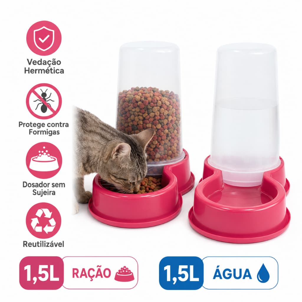Comedouro e Bebedouro Pet Automático Flex 1,5L Ração +1.5L Água - Para Cães e Gatos