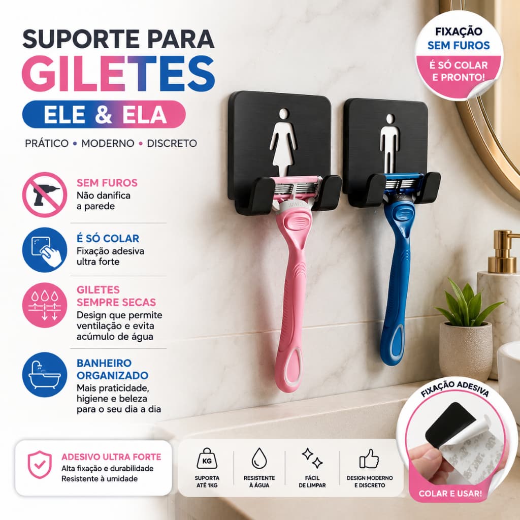 kit 02 Suporte Para giletes Masculino e Feminino Organizador de Banheiro sem furos