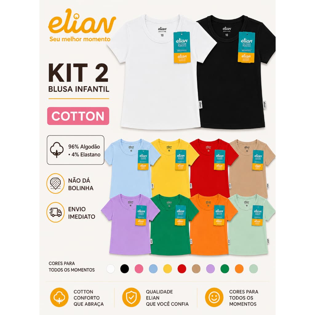 Kit 2 Blusas Cotton Elian ORIGINAL Manga Curta Infantil Menina, Baby Look do 1 ao 16