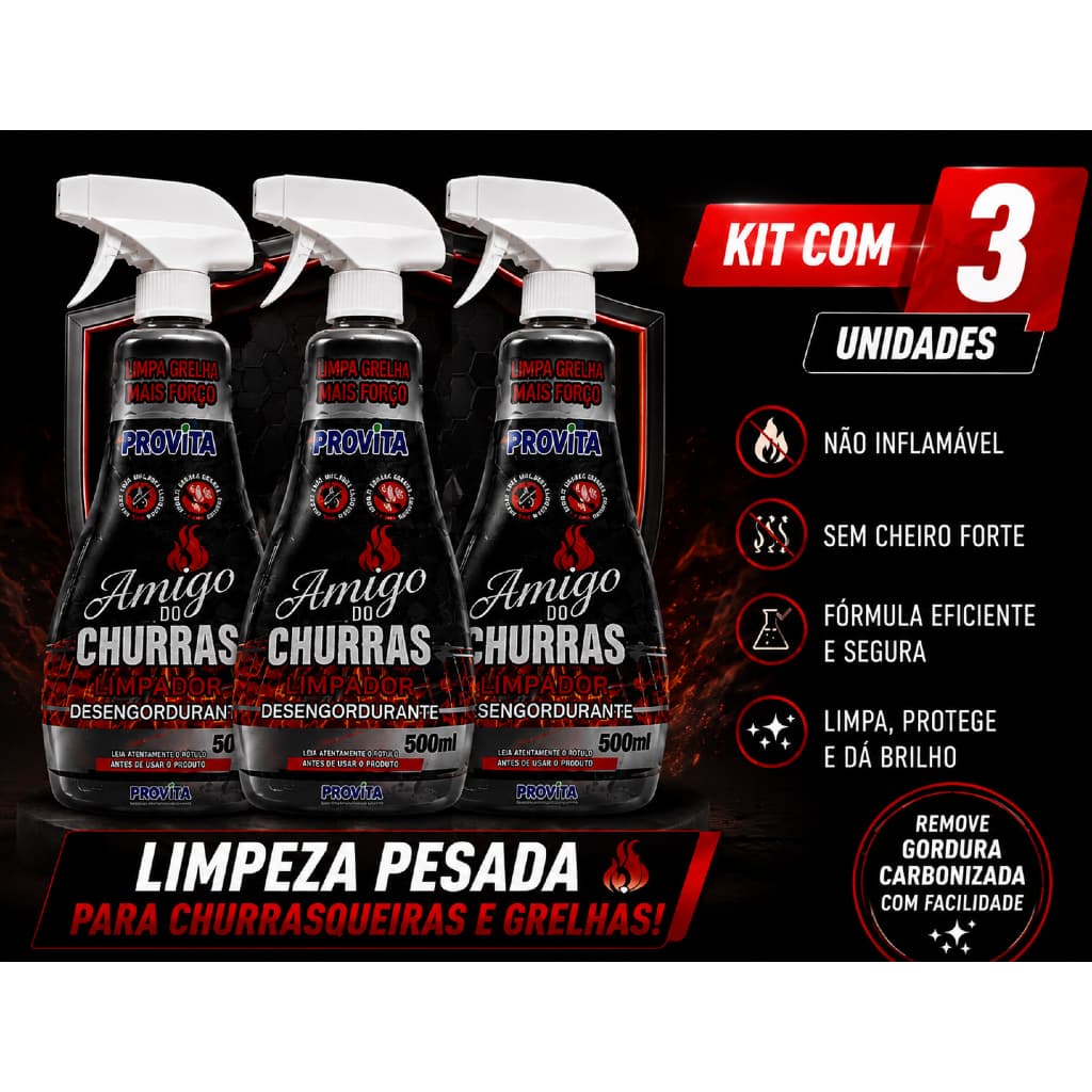 Kit Com 3 Limpa Grelha Churras Desengordurante Churrasqueira Spray Limpeza Fogão Grill Forno Coifa Air Fryer