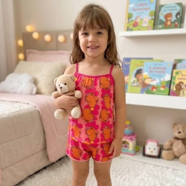 Pijama Infantil Estampado Capivara BabyDoll Moda Juvenil Kids Conforto Para Dormir