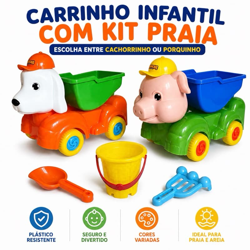 Carrinho Infantil para Praia Cachorrinho ou Porquinho com Balde Pá Rastelo Cores Variadas