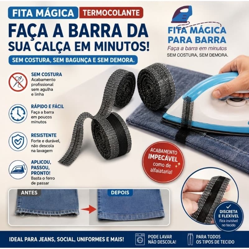 Bainha Mágica Fita Autoadesiva para Barra de Calças, Sem Costura, Ferro em Tecido, Rápido e Fácil