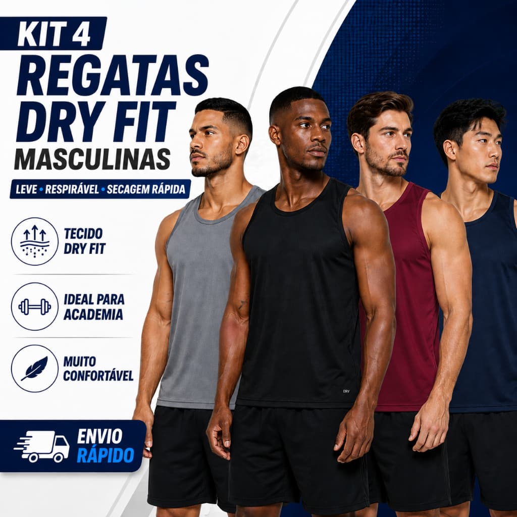 Kit 4 Camisetas Regata Dry Fit Masculina Academia Treino Corrida Fitness Esportiva Leve Respirável Secagem Rápida