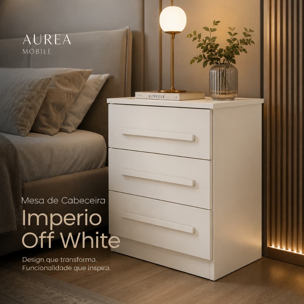 Mesa de Cabeceira Imperio Off White 3 Gavetas Design Moderno para Quarto