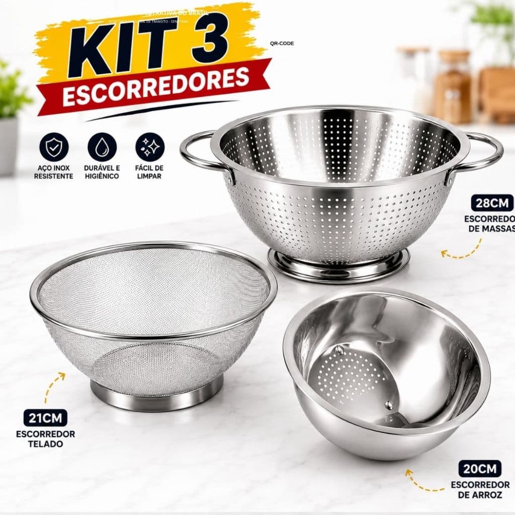Kit Escorredor Inox Massas Arroz Telado Cozinha Completo