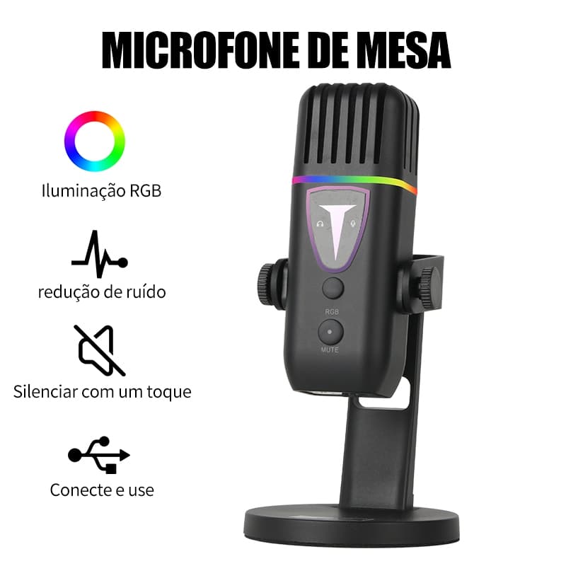Microfone USB Condensador JI-MV8 Iluminação RGB Redução Inteligente de Ruído para Jogos PC Live Streaming Gravação