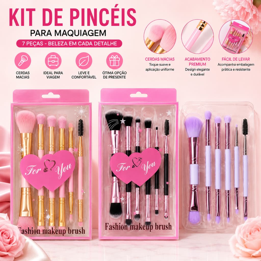 Conjunto de 6 pincéis de maquiagem, disponível em diversas cores.