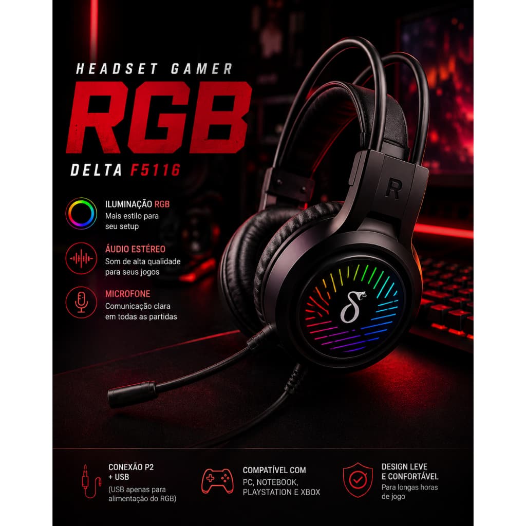Headset Gamer RGB Delta F5116 com Microfone P2 + USB Áudio Estéreo Driver 40mm para PC Notebook PS4 PS5 Xbox