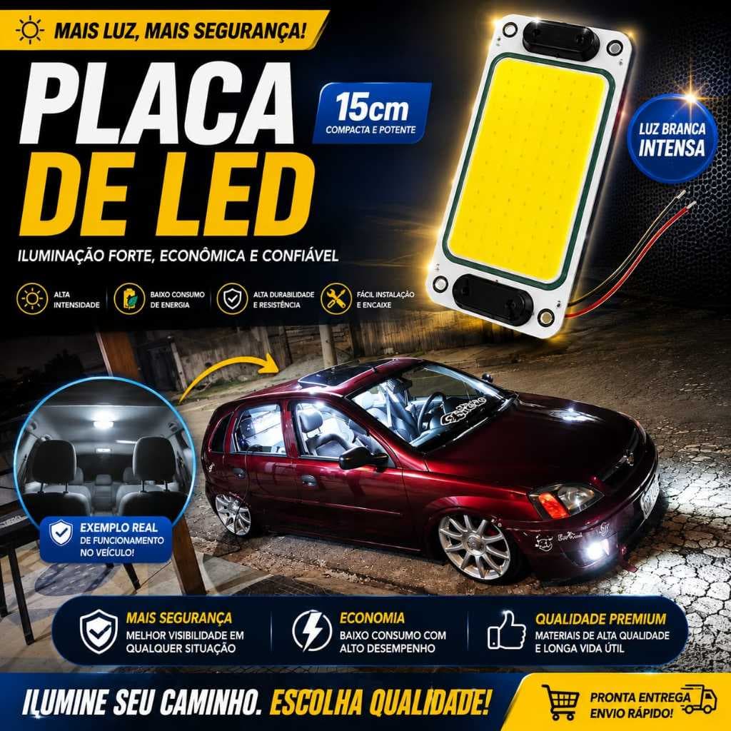 Placa LED 15cm Luz Interna Teto Carro Van Caminhão Baú Porta Malas Super Branca 12V Universal