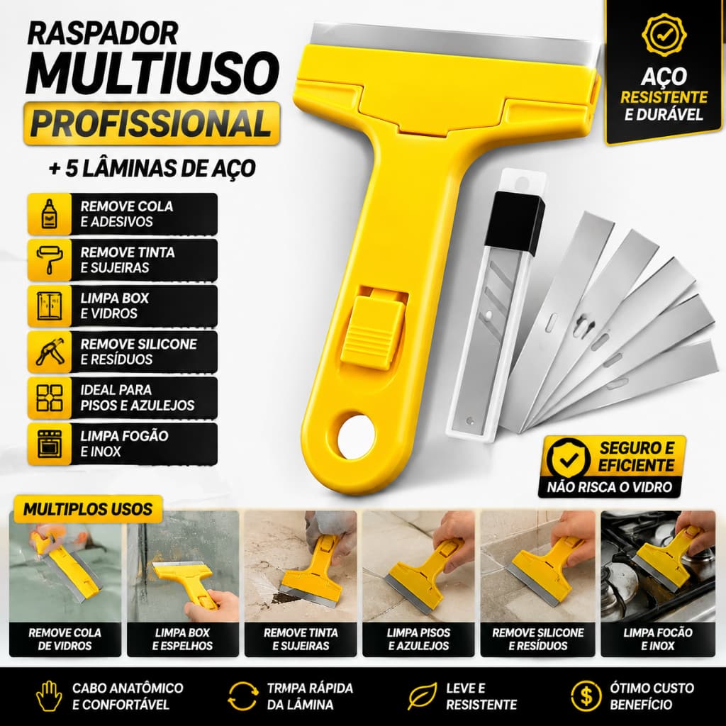 Raspador Multiuso Profissional + 3 Lâminas | Limpa Box, Vidro, Piso, Azulejo e Cola