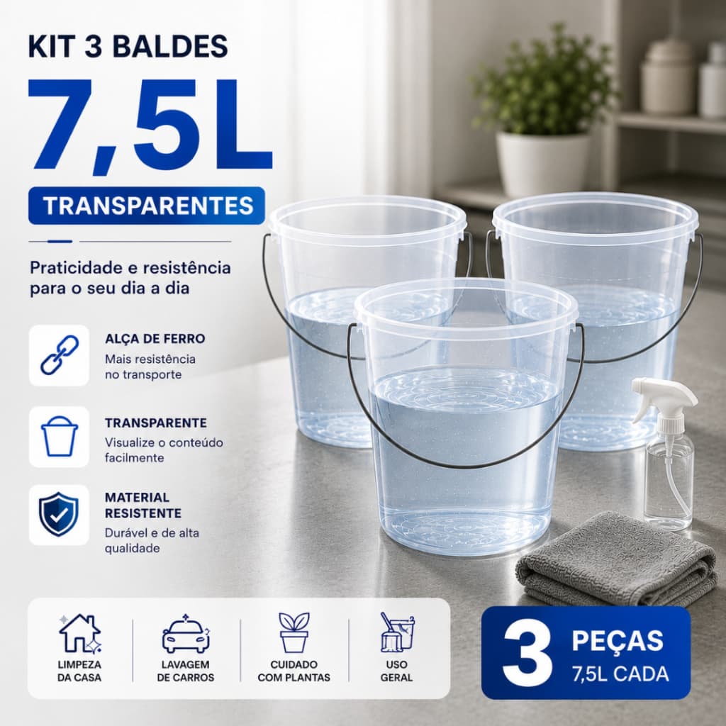 Kit com 3 Baldes 7,5L Transparentes com Alça de Ferro Galvanizada Multiuso para Limpeza Lavanderia e Cozinha