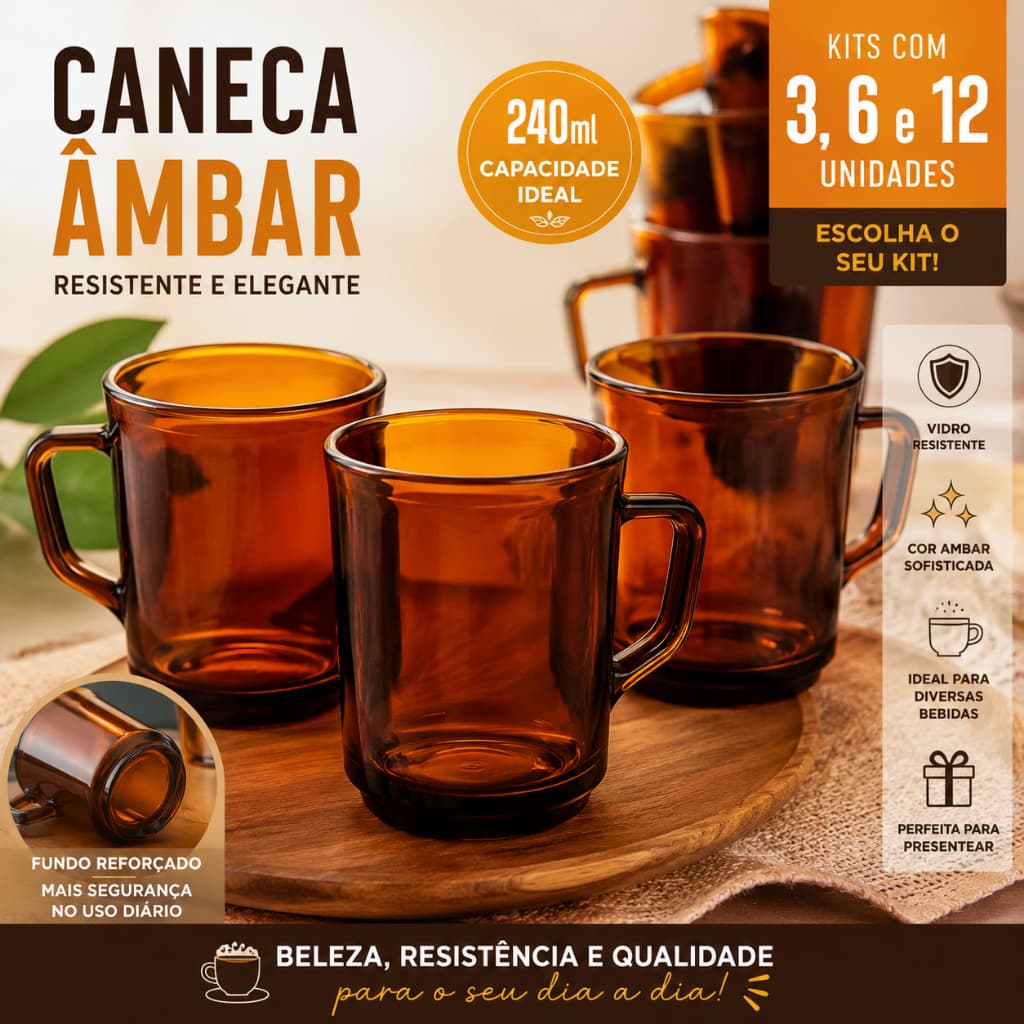 Caneca de Vidro Âmbar 240ml Resistente Kit com 3, 6 ou 12 Unidades Premium para Café Chá Cappuccino