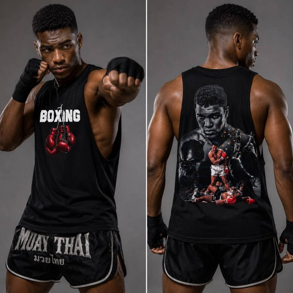 Camiseta Cavada Masculina Boxe Muay Thai Muhammad Ali Academia Treino Regata Fitness Dry Fit Estampada Preta Esportiva L