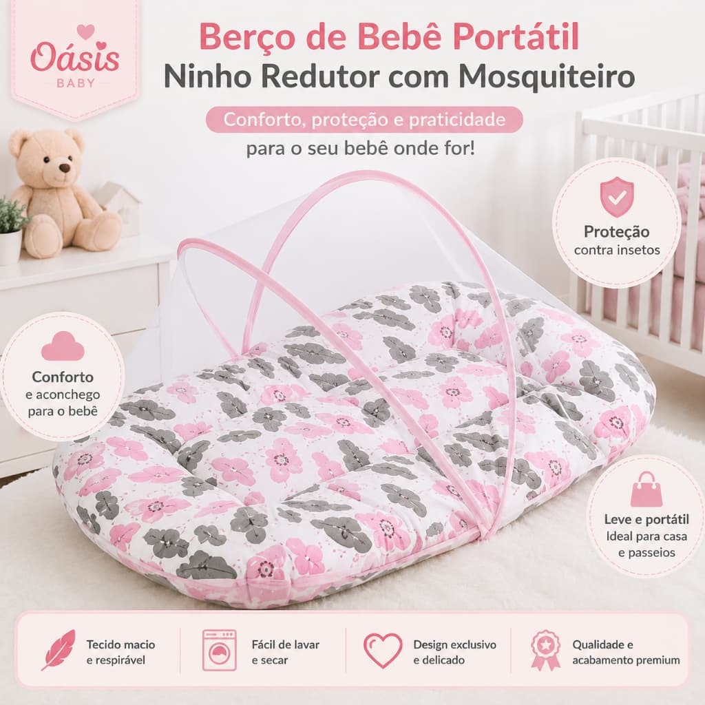 Berço de Bebê Portátil Ninho Redutor Com Mosquiteiro Ajustável - Menina Menino